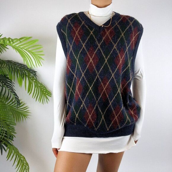 Vintage 90s Gray Preppy Old Money Oversized Argyle Grandpa Sweater Vest / Sz: L - Picture 4 of 5